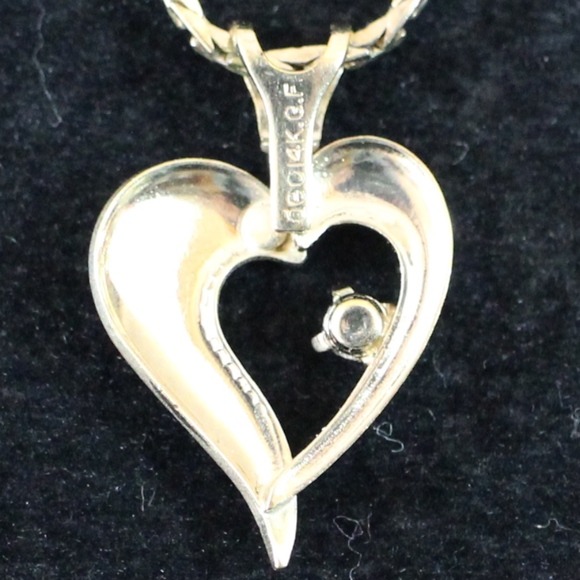 14K GF Vintage Gold Filled Heart  Diamond Pendant - Picture 2 of 7